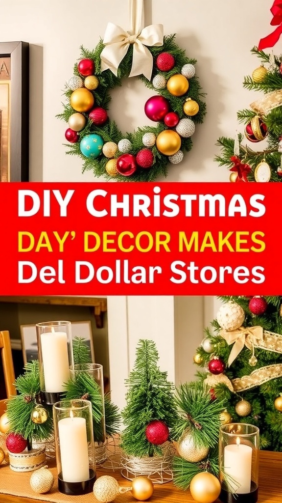A collection of DIY Christmas decorations including a wreath, ornaments, and a festive table centerpiece.
